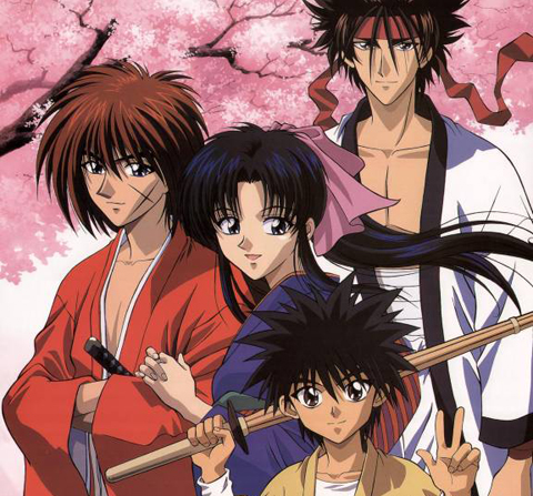 The main cast of RuroKen. From the left, Kenshin, Kaoru, Sanosuke, and Yahiko at the bottom.